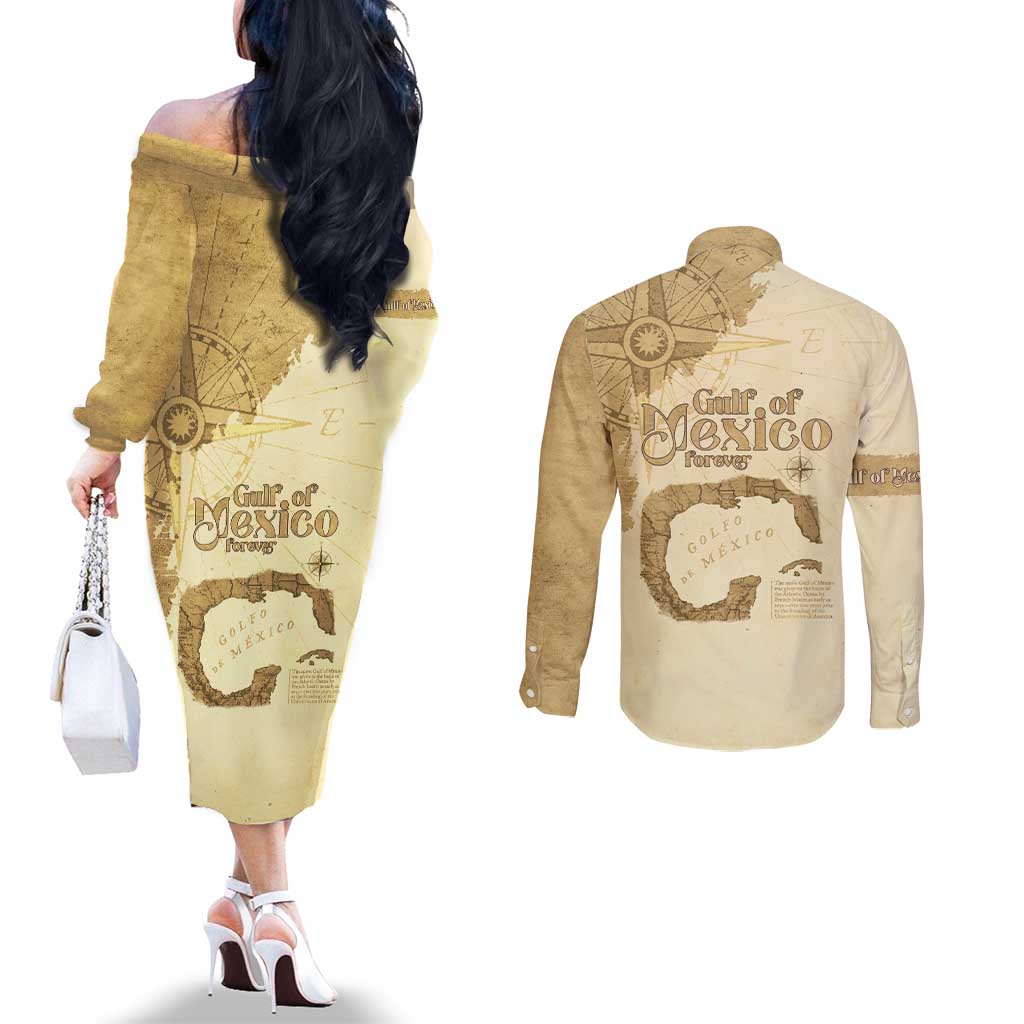 Gulf Of Mexico Estd 1672 Couples Matching Off The Shoulder Long Sleeve Dress and Long Sleeve Button Shirt Vintage Style