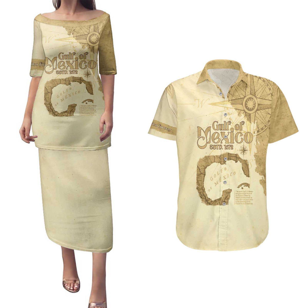 Gulf Of Mexico Estd 1672 Couples Matching Puletasi and Hawaiian Shirt Vintage Style