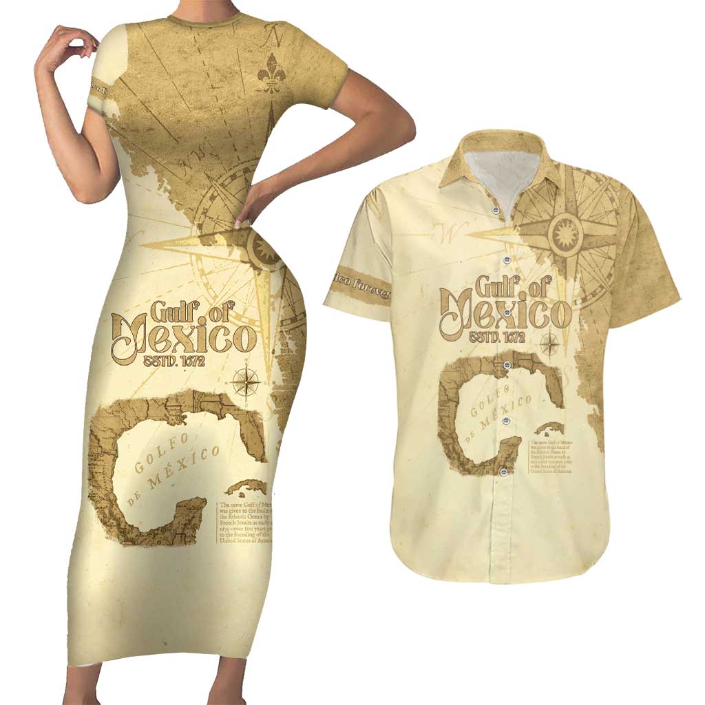 Gulf Of Mexico Estd 1672 Couples Matching Short Sleeve Bodycon Dress and Hawaiian Shirt Vintage Style