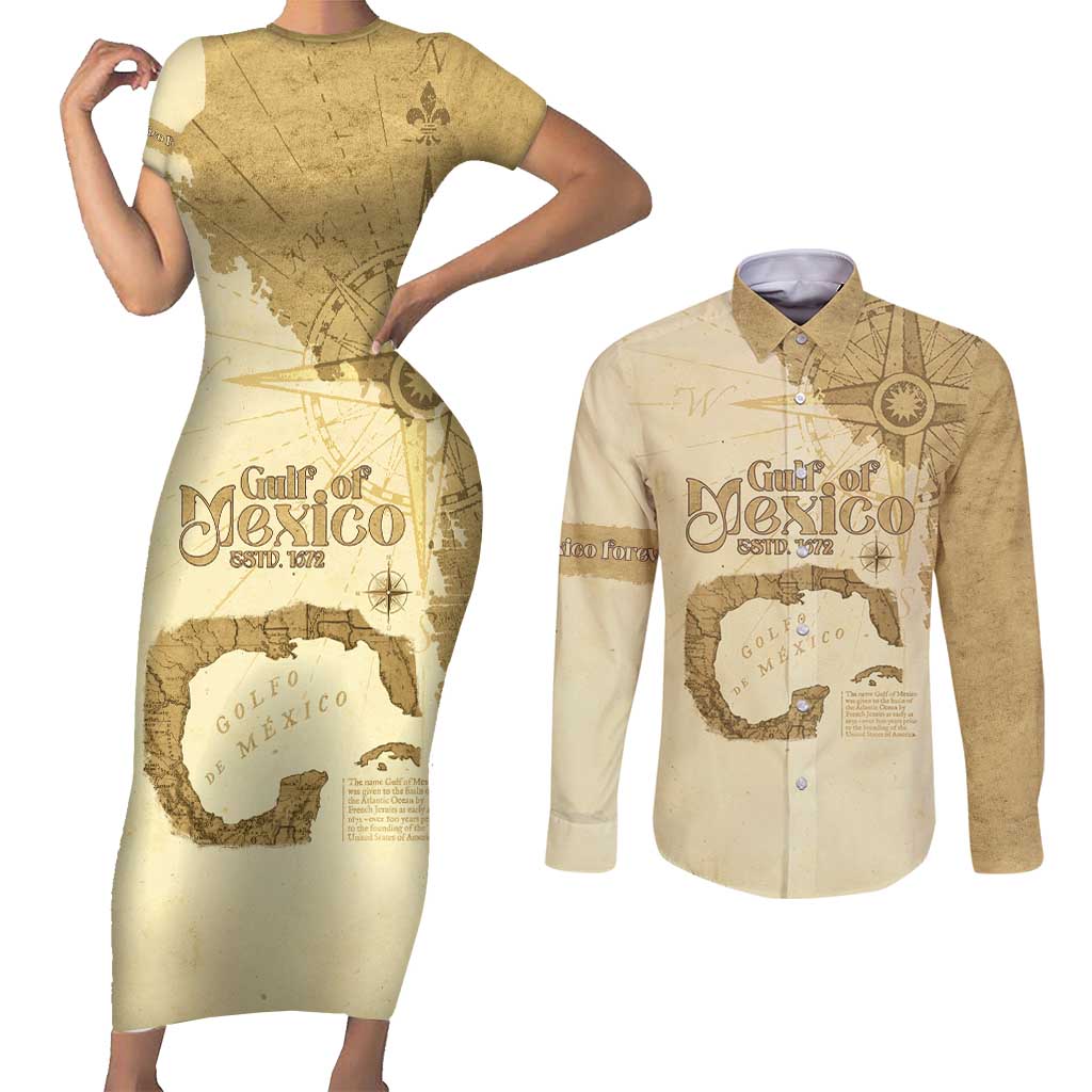 Gulf Of Mexico Estd 1672 Couples Matching Short Sleeve Bodycon Dress and Long Sleeve Button Shirt Vintage Style