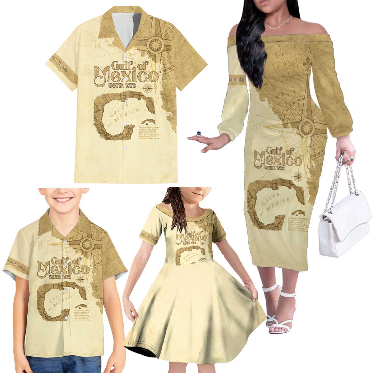 Gulf Of Mexico Estd 1672 Family Matching Off The Shoulder Long Sleeve Dress and Hawaiian Shirt Vintage Style