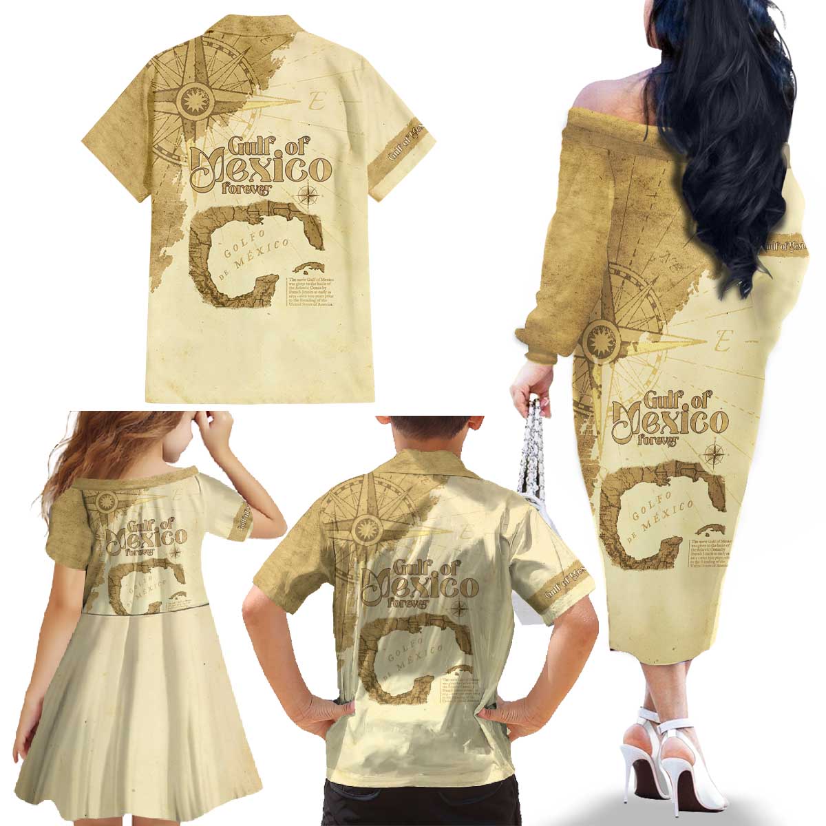 Gulf Of Mexico Estd 1672 Family Matching Off The Shoulder Long Sleeve Dress and Hawaiian Shirt Vintage Style