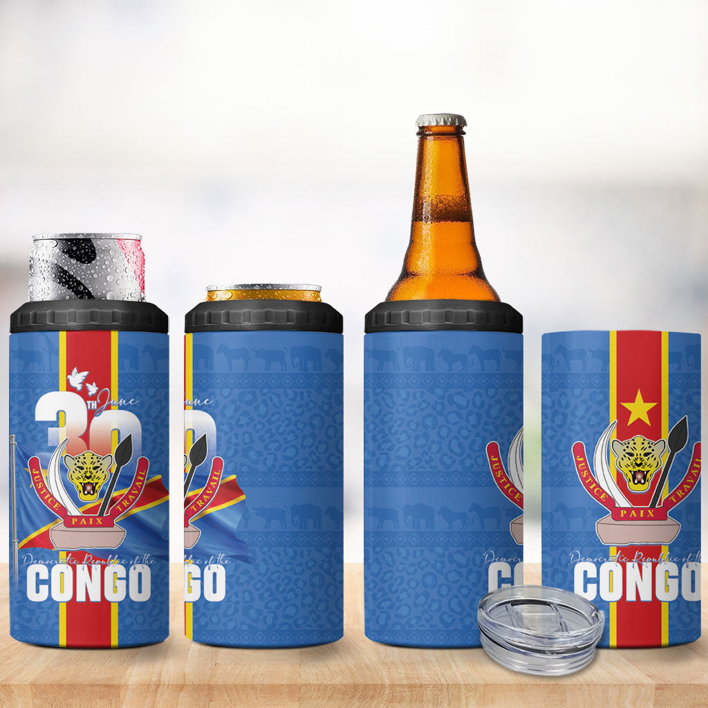 DR Congo Independence Day 4 in 1 Can Cooler Tumbler Leopard Pattern With Coat Of Arms