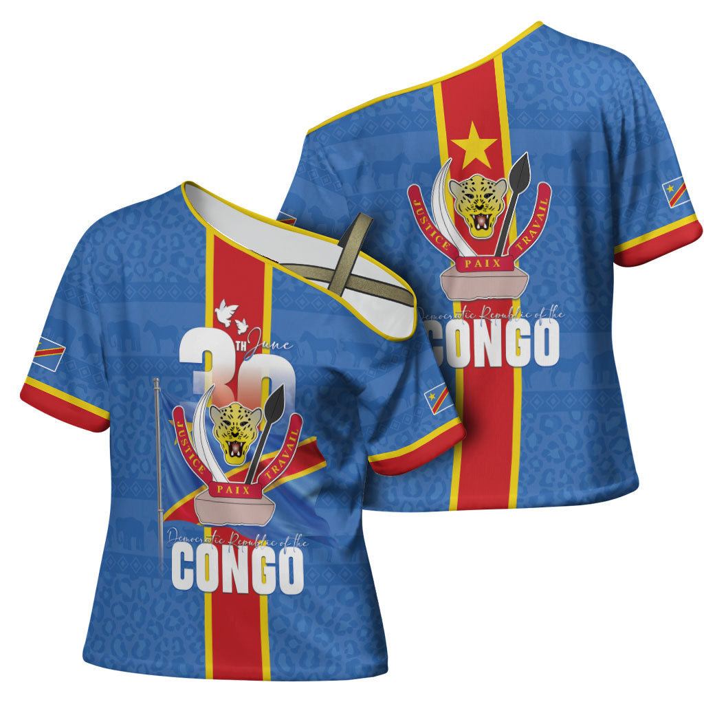 DR Congo Independence Day Cross Shoulder Shirt Leopard Pattern With Coat Of Arms