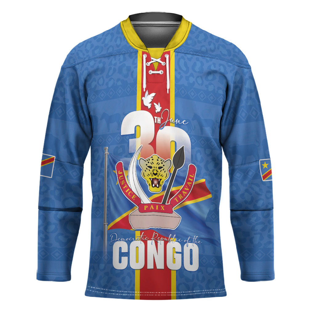 DR Congo Independence Day Hockey Jersey Leopard Pattern With Coat Of Arms