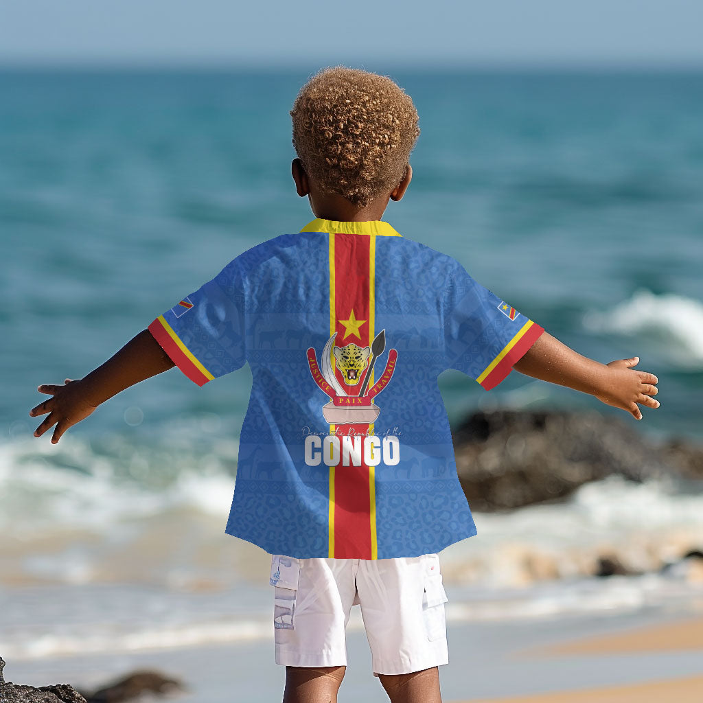 DR Congo Independence Day Kid Hawaiian Shirt Leopard Pattern With Coat Of Arms