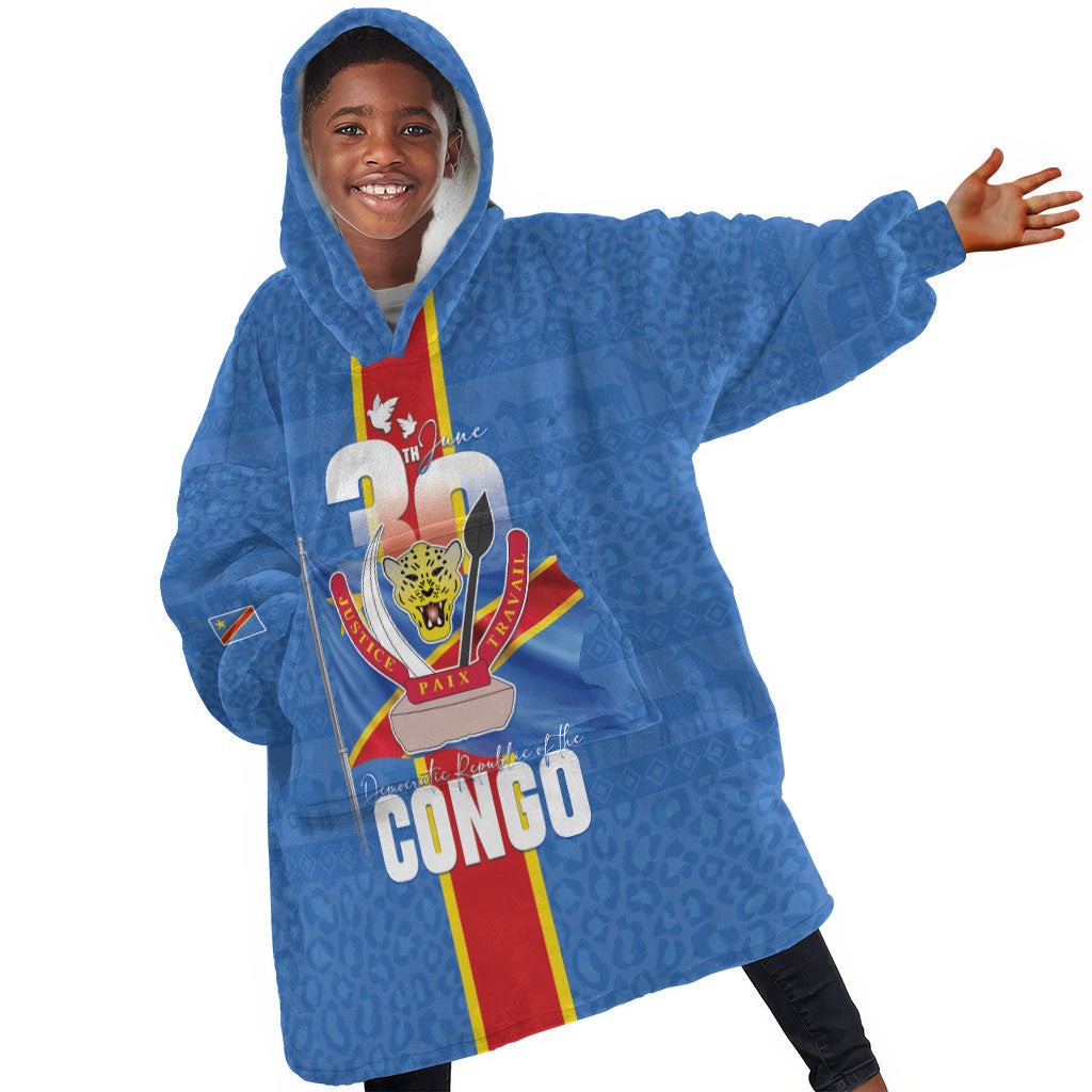 DR Congo Independence Day Kid Wearable Blanket Hoodie Leopard Pattern With Coat Of Arms