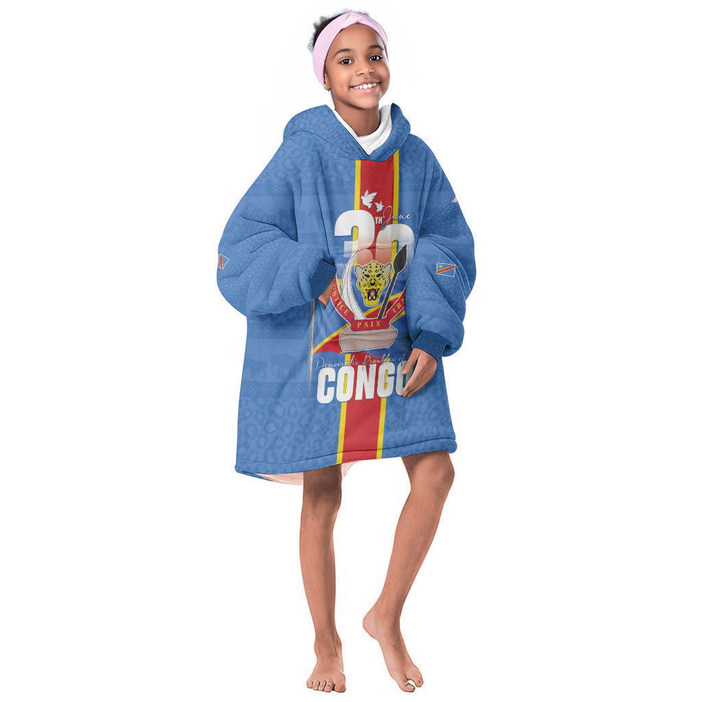 DR Congo Independence Day Kid Wearable Blanket Hoodie Leopard Pattern With Coat Of Arms