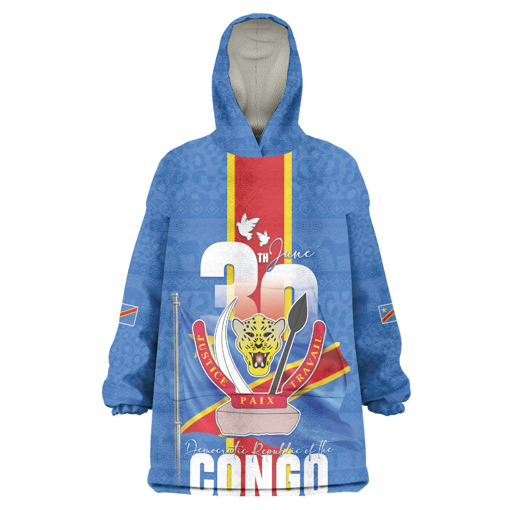 DR Congo Independence Day Kid Wearable Blanket Hoodie Leopard Pattern With Coat Of Arms