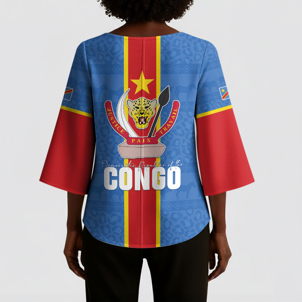 DR Congo Independence Day Kimono Sleeve Blouse Leopard Pattern With Coat Of Arms