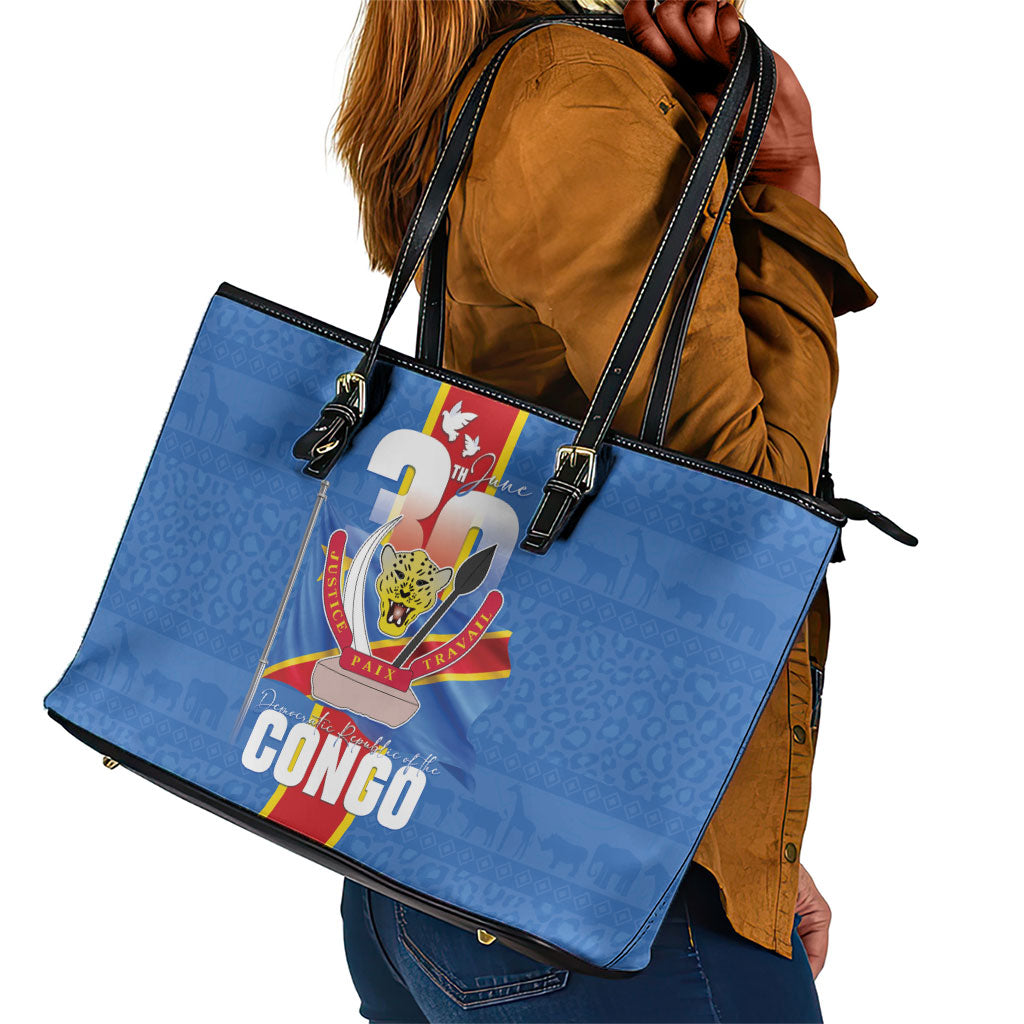 DR Congo Independence Day Leather Tote Bag Leopard Pattern With Coat Of Arms