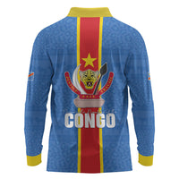 DR Congo Independence Day Long Sleeve Polo Shirt Leopard Pattern With Coat Of Arms