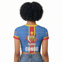 DR Congo Independence Day Raglan Cropped T shirt Leopard Pattern With Coat Of Arms