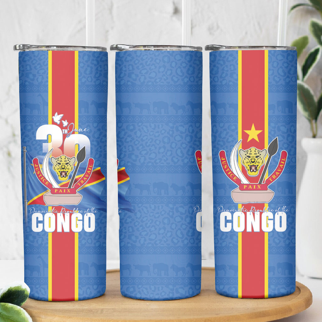 DR Congo Independence Day Skinny Tumbler Leopard Pattern With Coat Of Arms