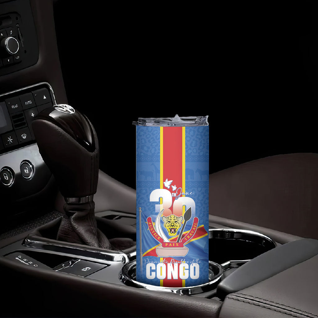 DR Congo Independence Day Skinny Tumbler Leopard Pattern With Coat Of Arms
