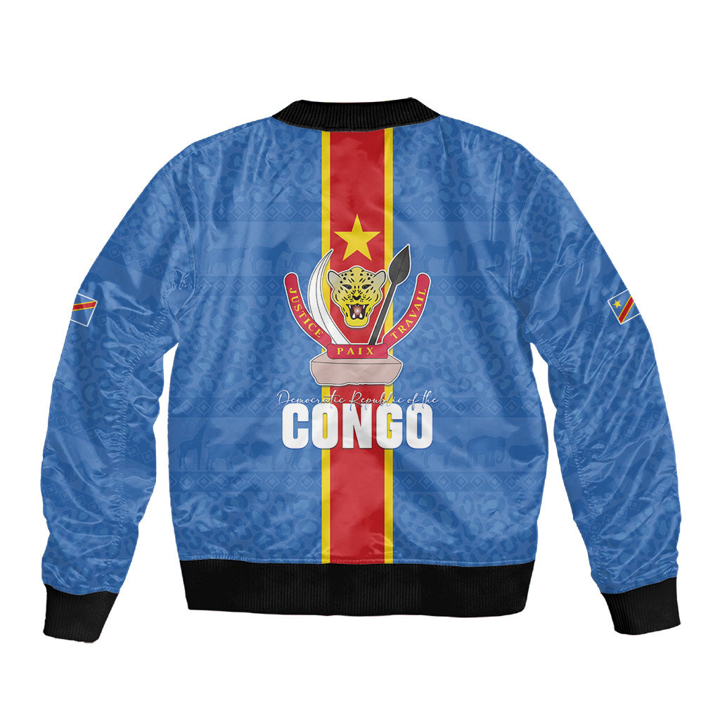 DR Congo Independence Day Sleeve Zip Bomber Jacket Leopard Pattern With Coat Of Arms