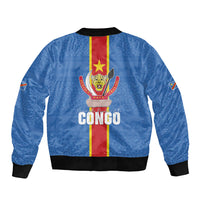DR Congo Independence Day Sleeve Zip Bomber Jacket Leopard Pattern With Coat Of Arms