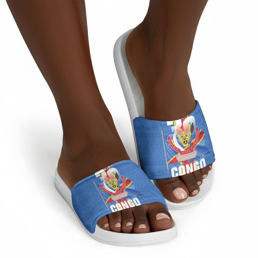 DR Congo Independence Day Slide Sandals Leopard Pattern With Coat Of Arms