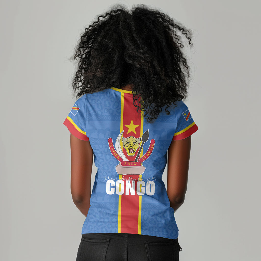 DR Congo Independence Day Women V-Neck T-Shirt Leopard Pattern With Coat Of Arms