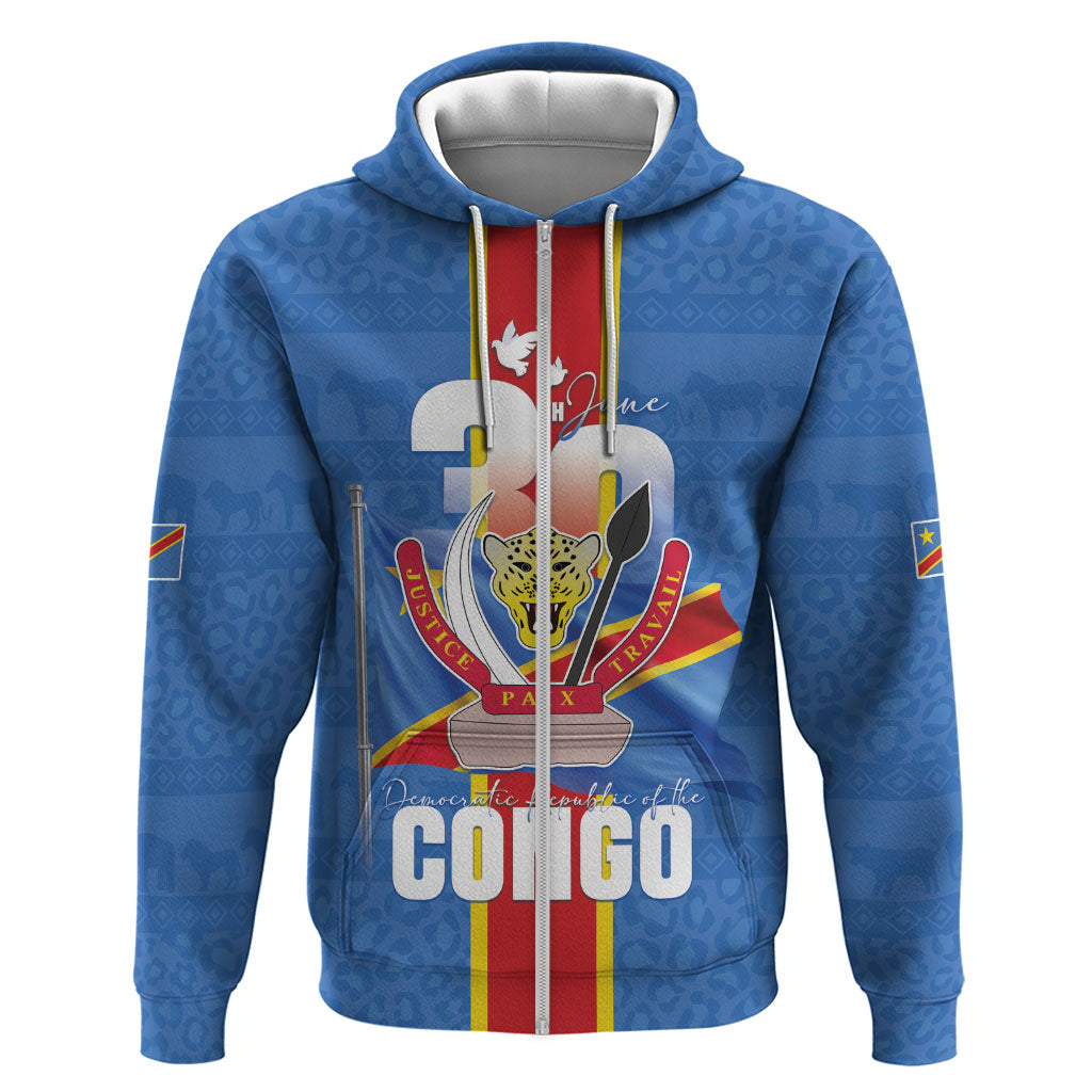 DR Congo Independence Day Zip Hoodie Leopard Pattern With Coat Of Arms