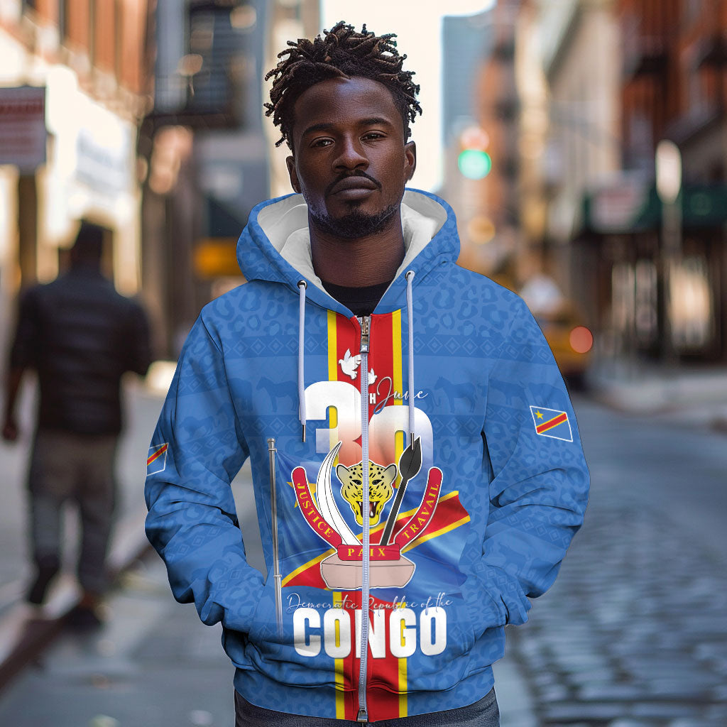 DR Congo Independence Day Zip Hoodie Leopard Pattern With Coat Of Arms