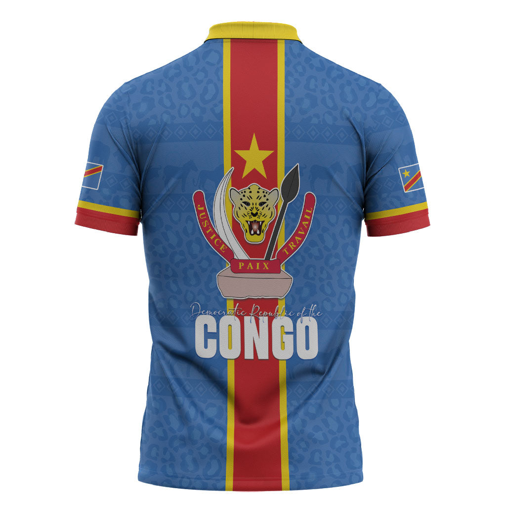 DR Congo Independence Day Zipper Polo Shirt Leopard Pattern With Coat Of Arms