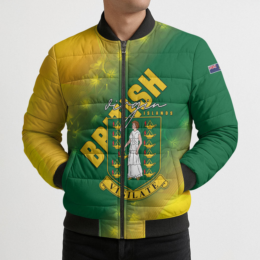 British Virgin Islands Bomber Puffer Jacket Coat Of Arms Plumeria Gradient Art