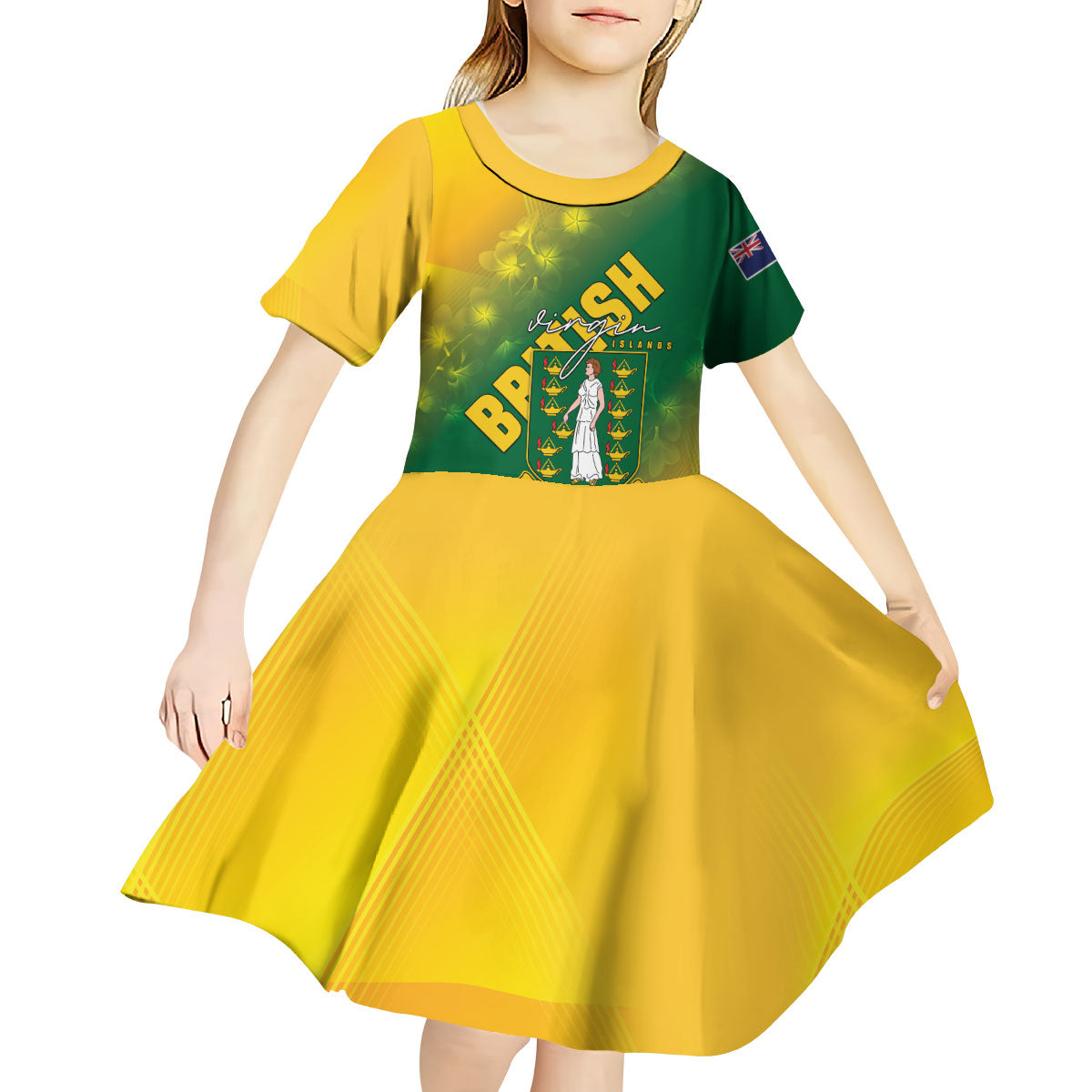 British Virgin Islands Kid Short Sleeve Dress Coat Of Arms Plumeria Gradient Art