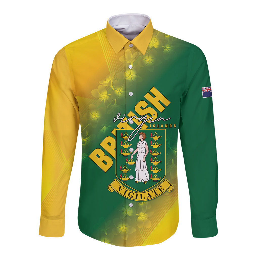 British Virgin Islands Long Sleeve Button Shirt Coat Of Arms Plumeria Gradient Art