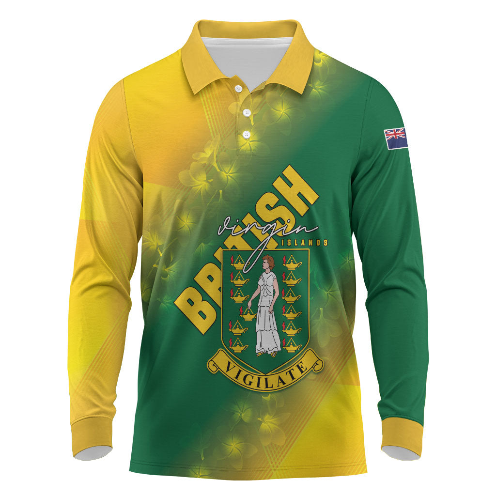 British Virgin Islands Long Sleeve Polo Shirt Coat Of Arms Plumeria Gradient Art
