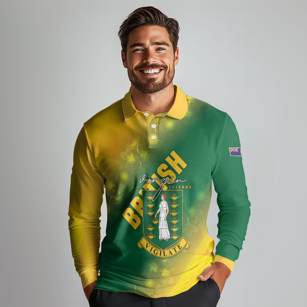 British Virgin Islands Long Sleeve Polo Shirt Coat Of Arms Plumeria Gradient Art