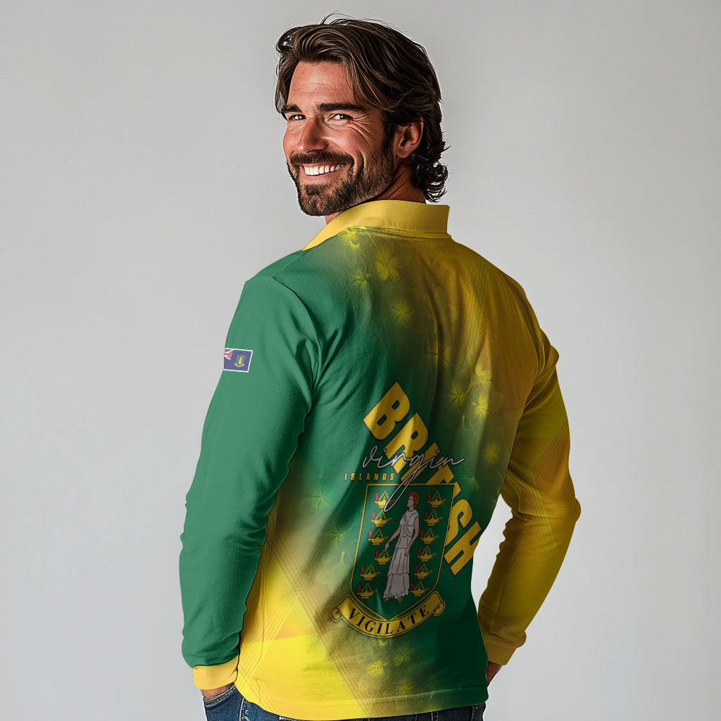 British Virgin Islands Long Sleeve Polo Shirt Coat Of Arms Plumeria Gradient Art