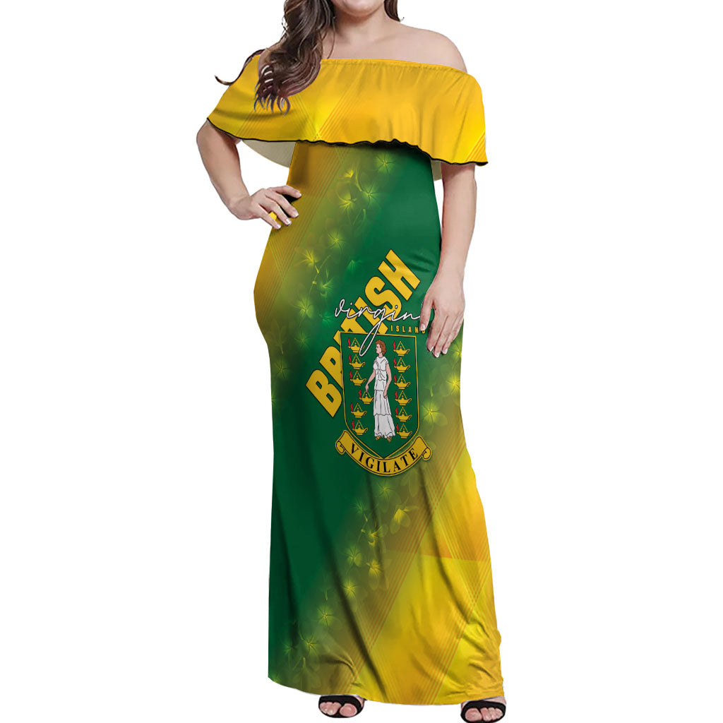 British Virgin Islands Off Shoulder Maxi Dress Coat Of Arms Plumeria Gradient Art