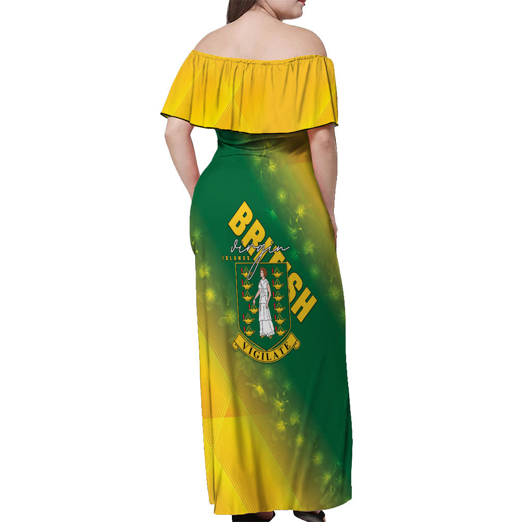 British Virgin Islands Off Shoulder Maxi Dress Coat Of Arms Plumeria Gradient Art