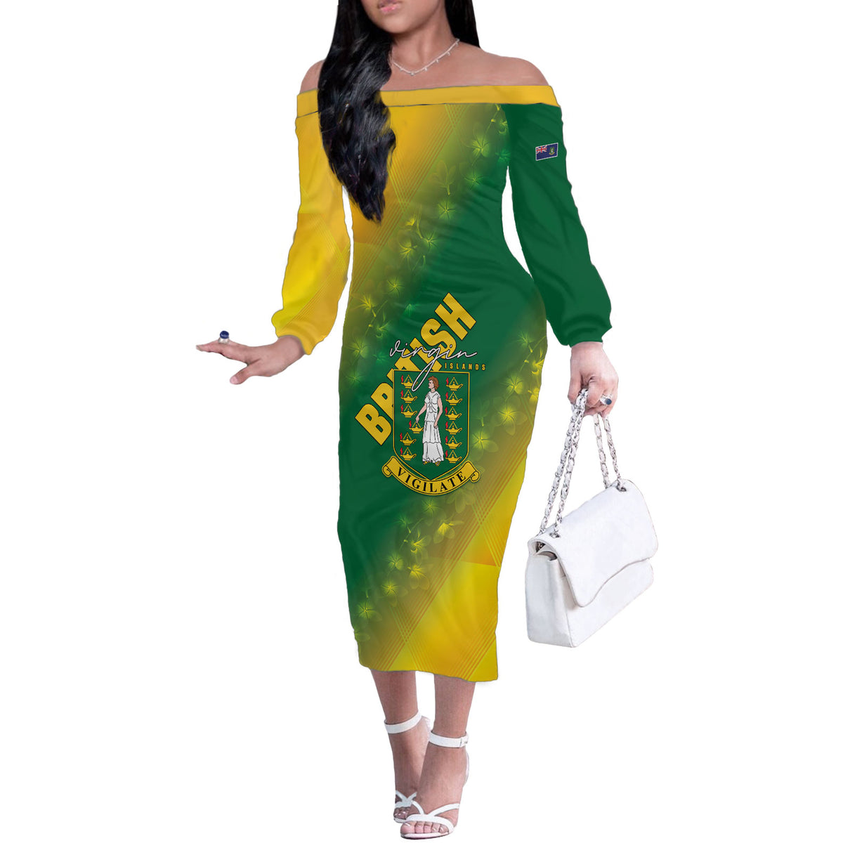 British Virgin Islands Off The Shoulder Long Sleeve Dress Coat Of Arms Plumeria Gradient Art