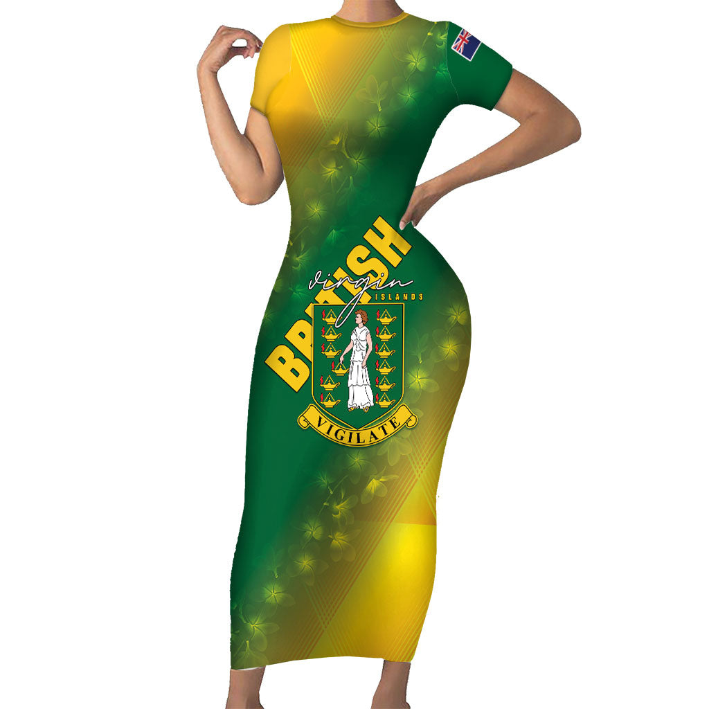 British Virgin Islands Short Sleeve Bodycon Dress Coat Of Arms Plumeria Gradient Art
