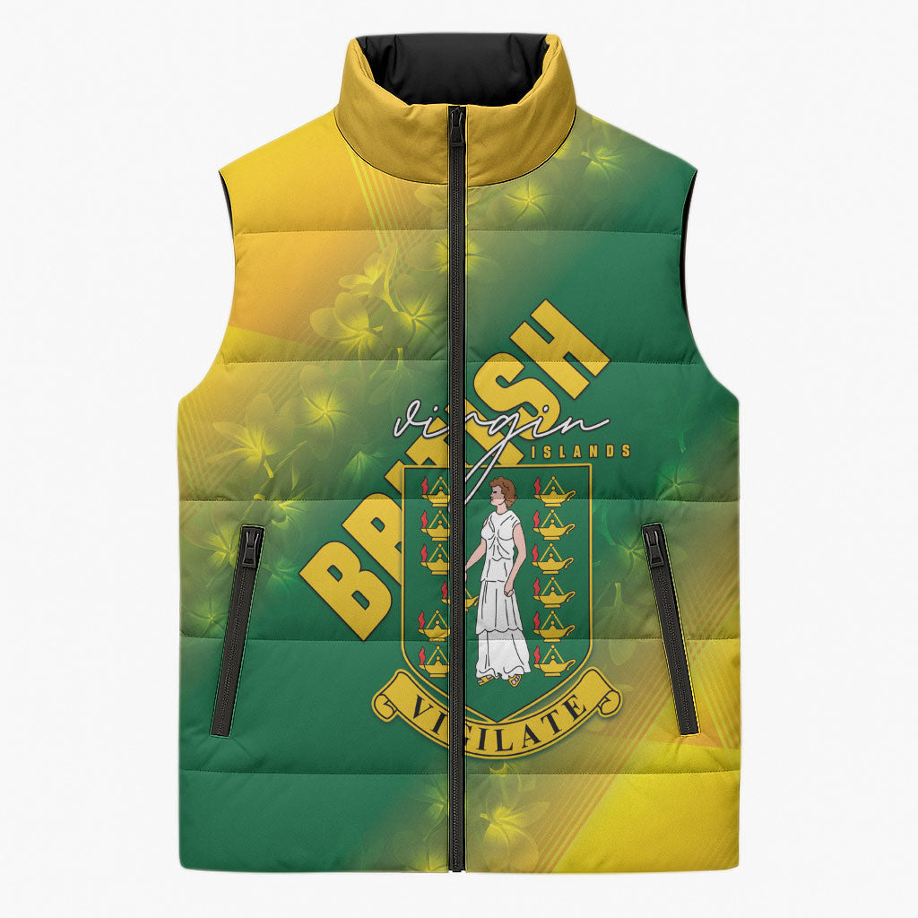 British Virgin Islands Sleeveless Puffer Jacket Coat Of Arms Plumeria Gradient Art