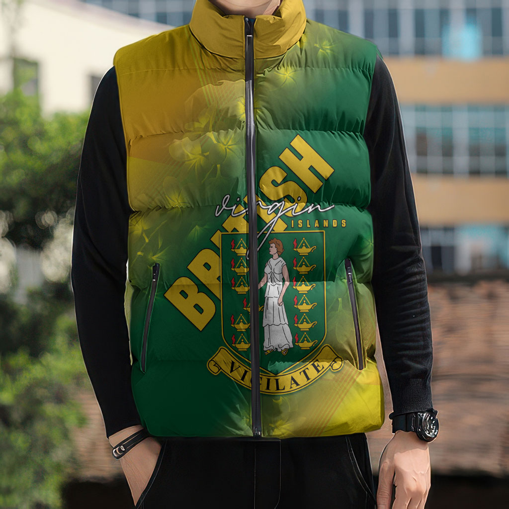 British Virgin Islands Sleeveless Puffer Jacket Coat Of Arms Plumeria Gradient Art