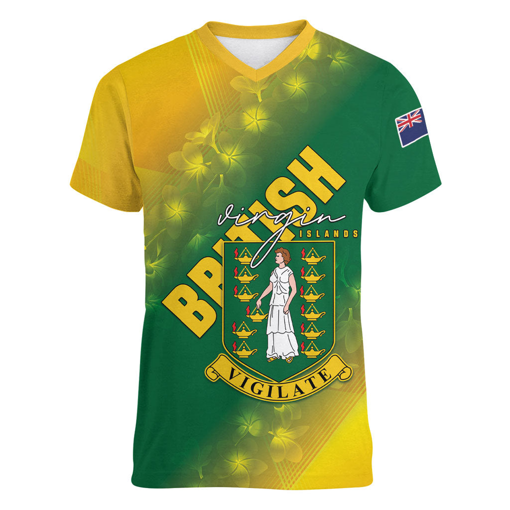 British Virgin Islands Women V-Neck T-Shirt Coat Of Arms Plumeria Gradient Art