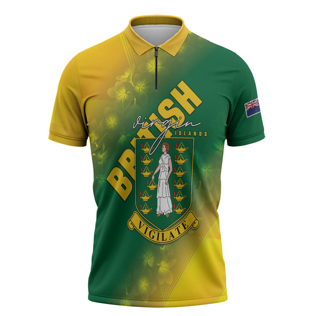 British Virgin Islands Zipper Polo Shirt Coat Of Arms Plumeria Gradient Art