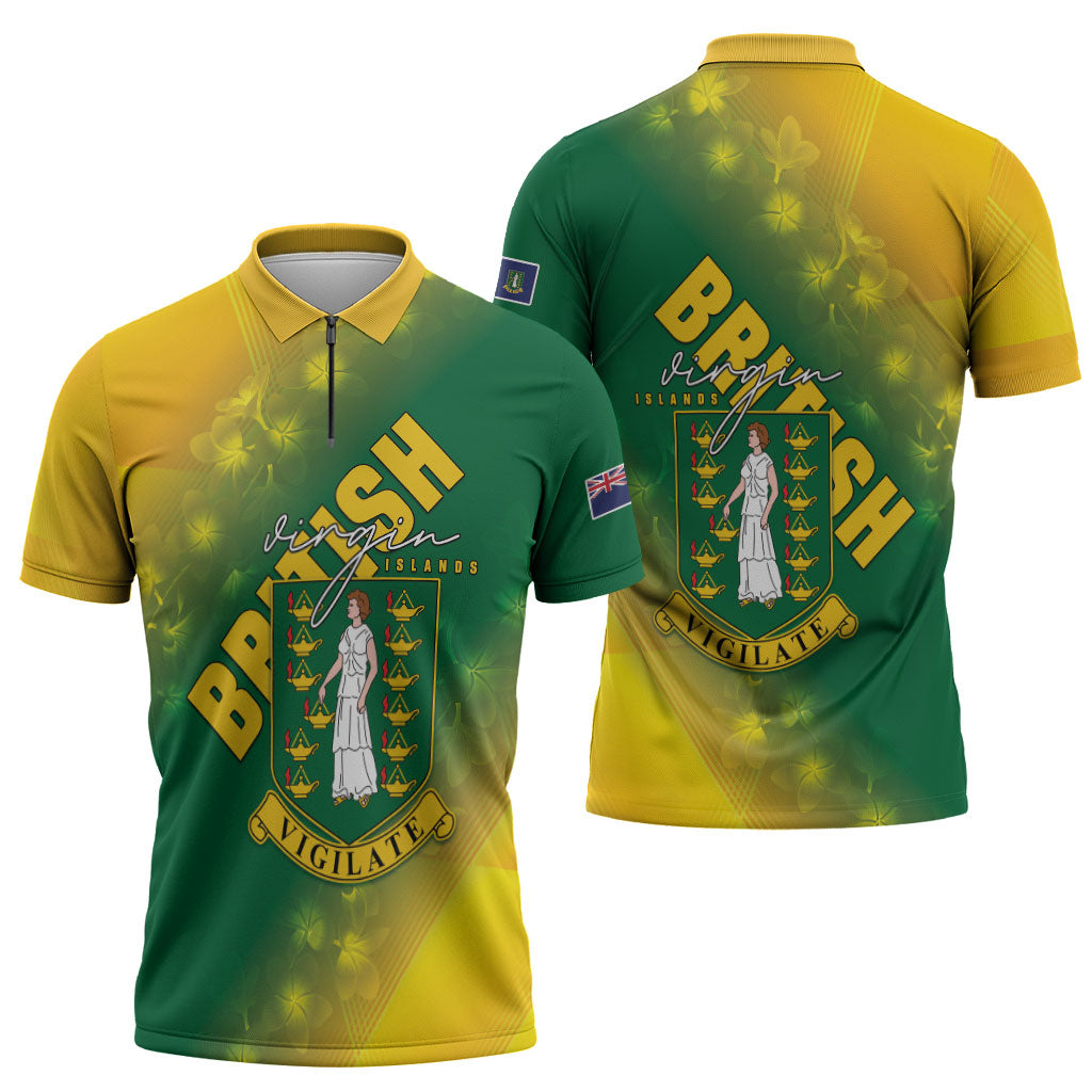 British Virgin Islands Zipper Polo Shirt Coat Of Arms Plumeria Gradient Art