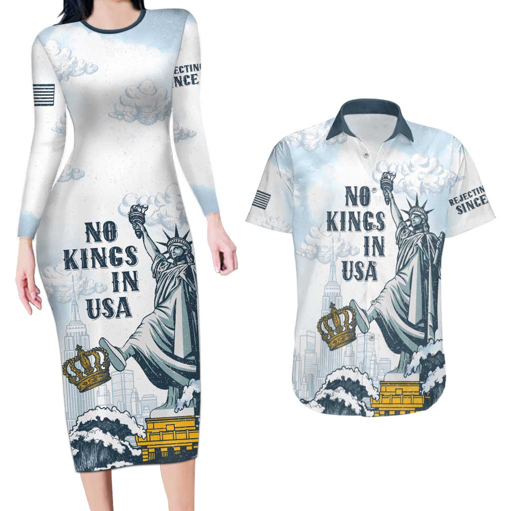Funny Rejecting Kings Couples Matching Long Sleeve Bodycon Dress and Hawaiian Shirt Since 1776 No Kings In America Retro Style LT05