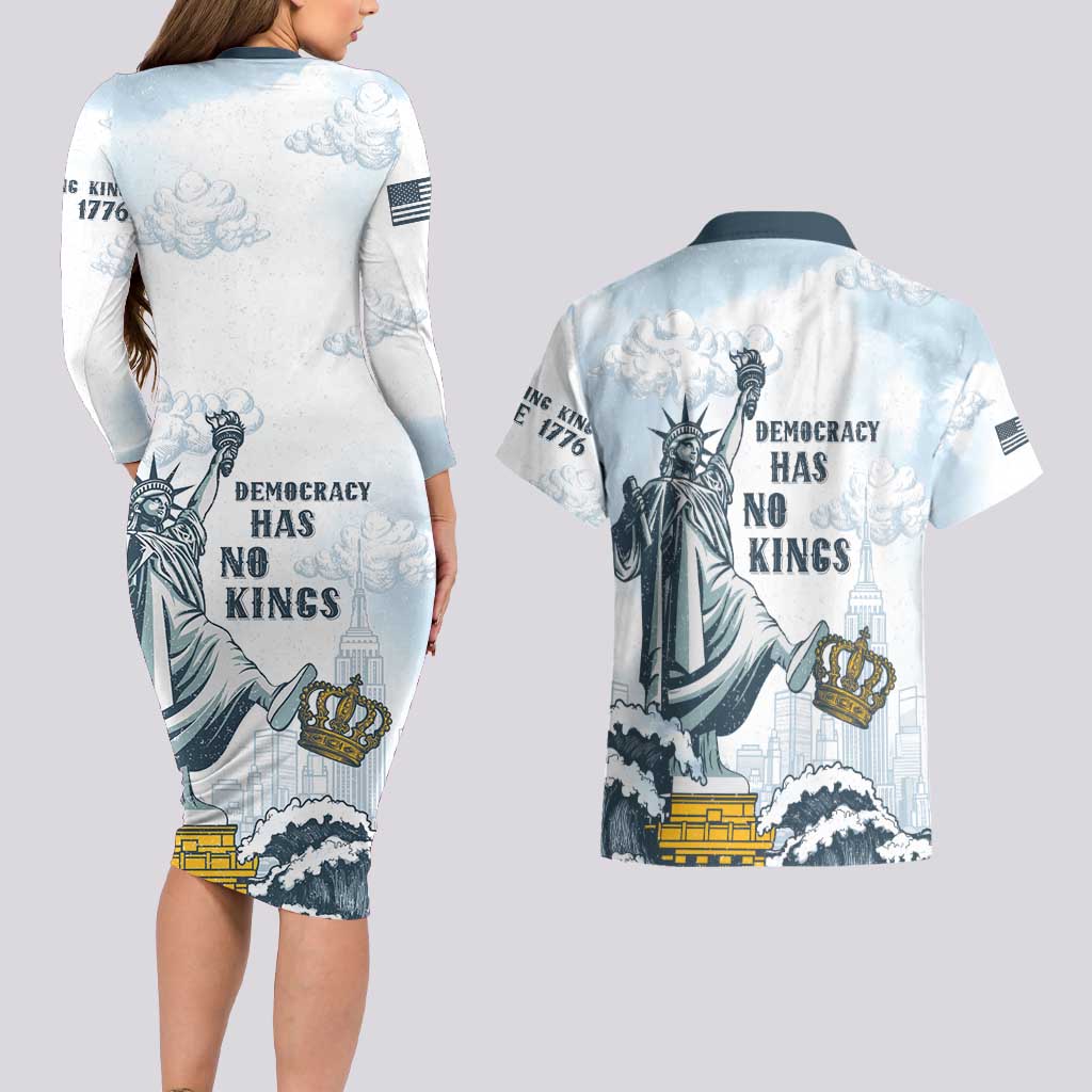 Funny Rejecting Kings Couples Matching Long Sleeve Bodycon Dress and Hawaiian Shirt Since 1776 No Kings In America Retro Style LT05