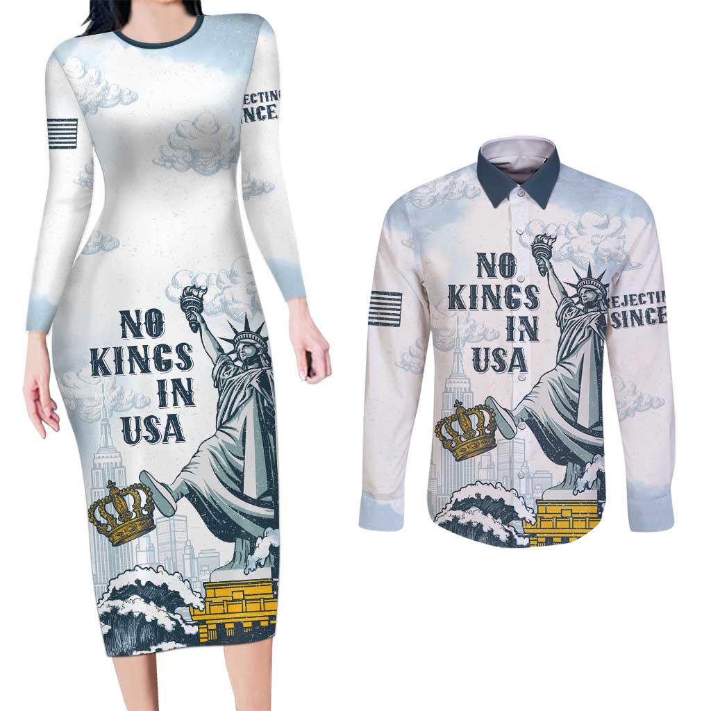 Funny Rejecting Kings Couples Matching Long Sleeve Bodycon Dress and Long Sleeve Button Shirt Since 1776 No Kings In America Retro Style LT05