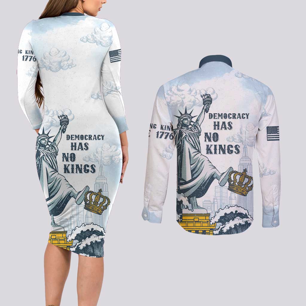 Funny Rejecting Kings Couples Matching Long Sleeve Bodycon Dress and Long Sleeve Button Shirt Since 1776 No Kings In America Retro Style LT05