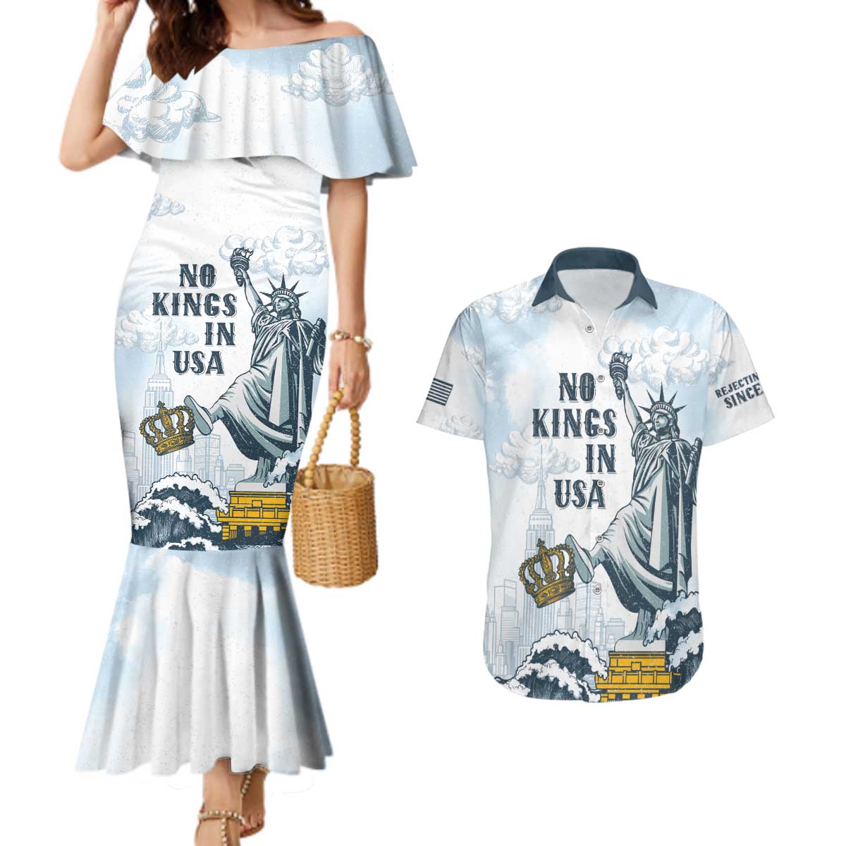 Funny Rejecting Kings Couples Matching Mermaid Dress and Hawaiian Shirt Since 1776 No Kings In America Retro Style LT05