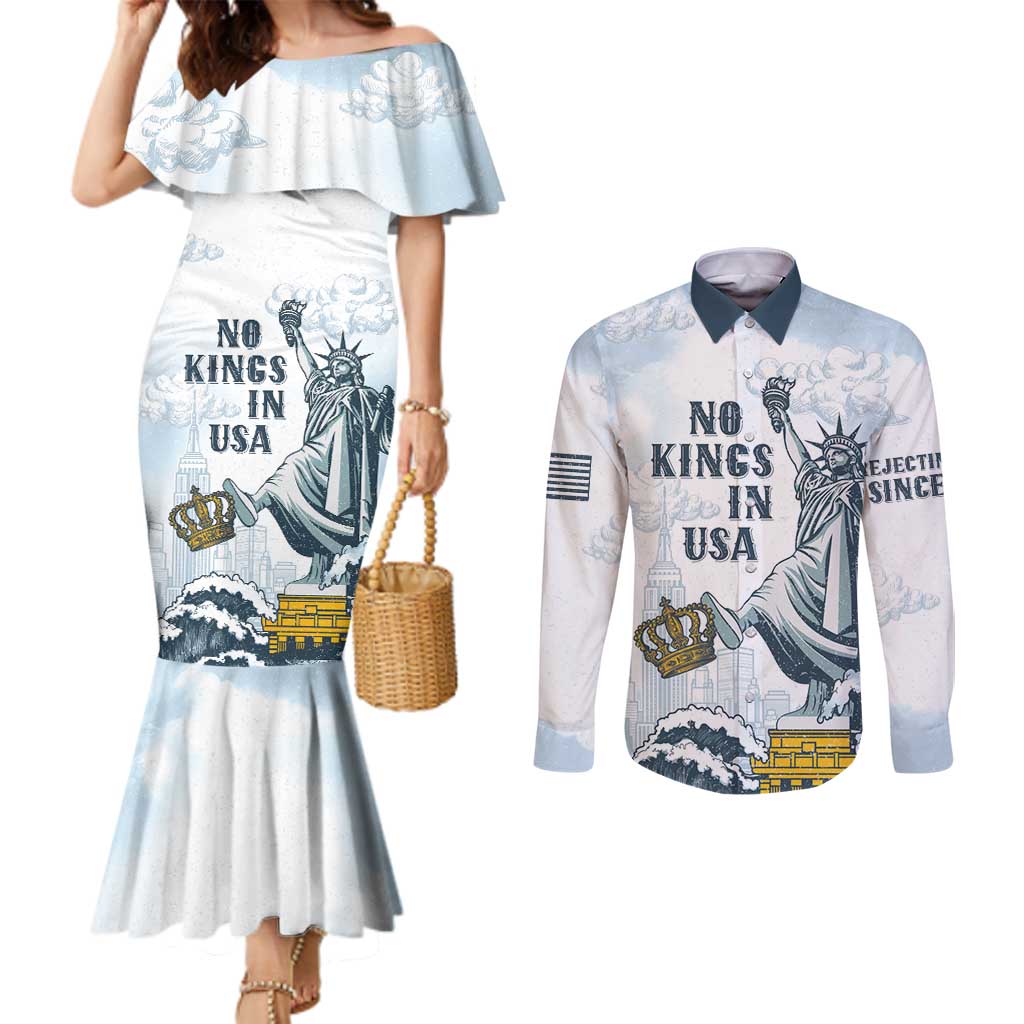 Funny Rejecting Kings Couples Matching Mermaid Dress and Long Sleeve Button Shirt Since 1776 No Kings In America Retro Style LT05