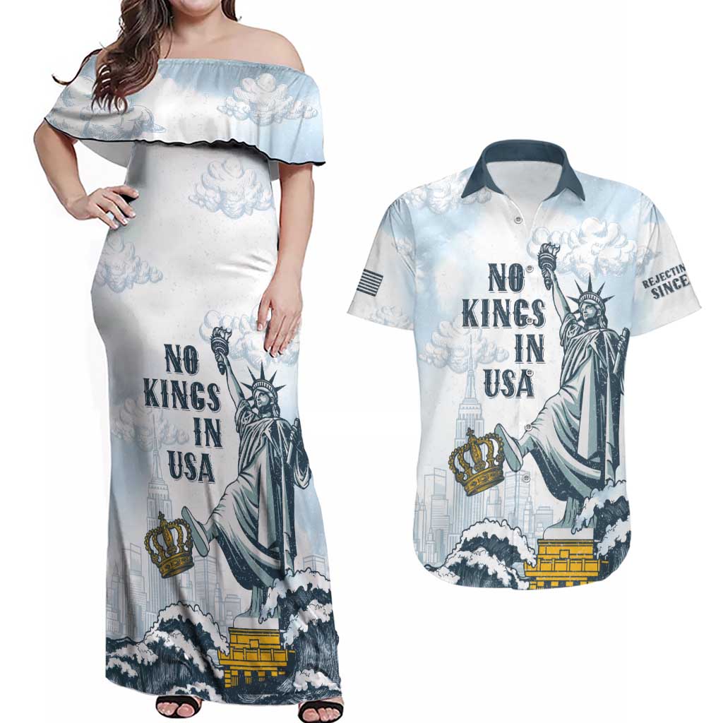 Funny Rejecting Kings Couples Matching Off Shoulder Maxi Dress and Hawaiian Shirt Since 1776 No Kings In America Retro Style LT05