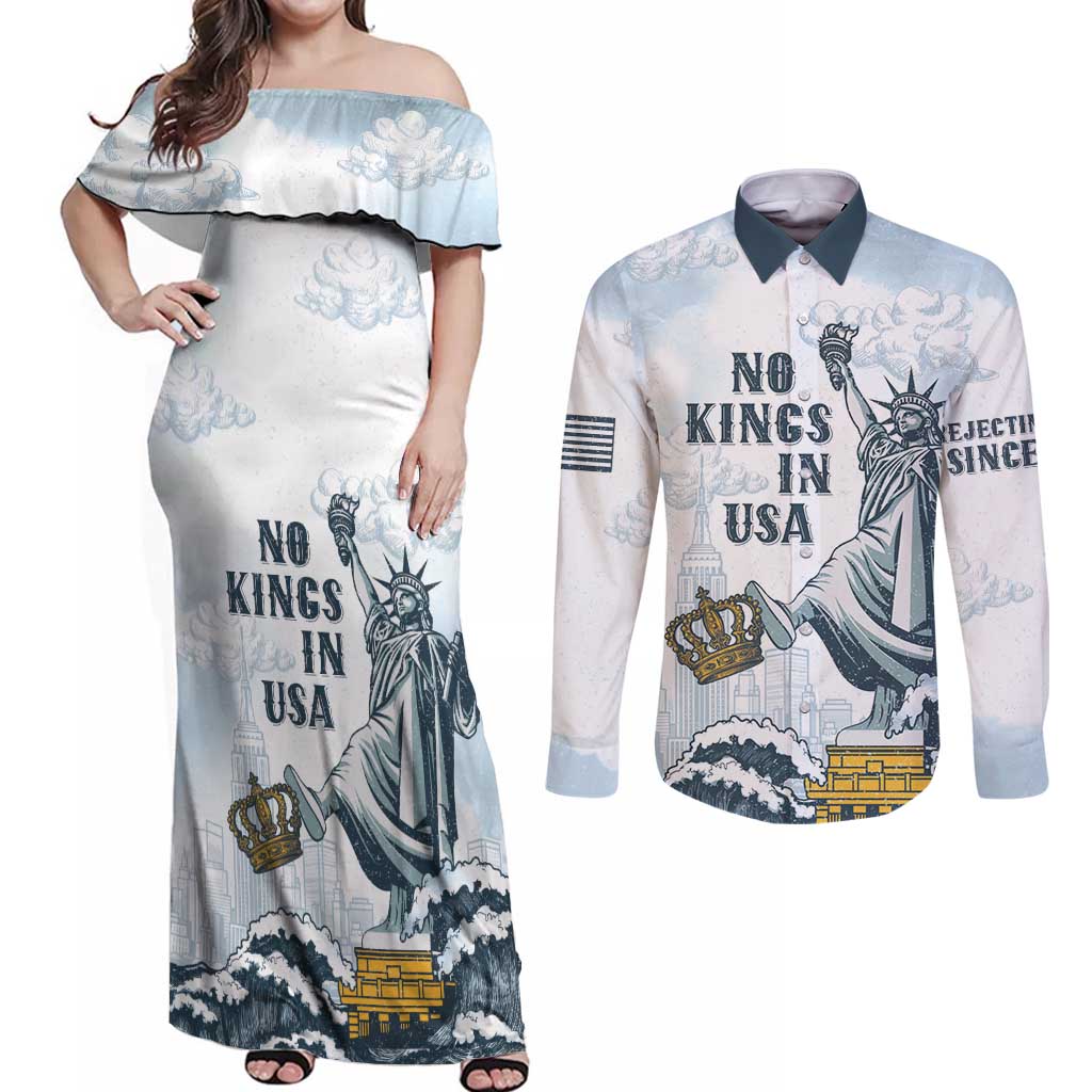 Funny Rejecting Kings Couples Matching Off Shoulder Maxi Dress and Long Sleeve Button Shirt Since 1776 No Kings In America Retro Style LT05