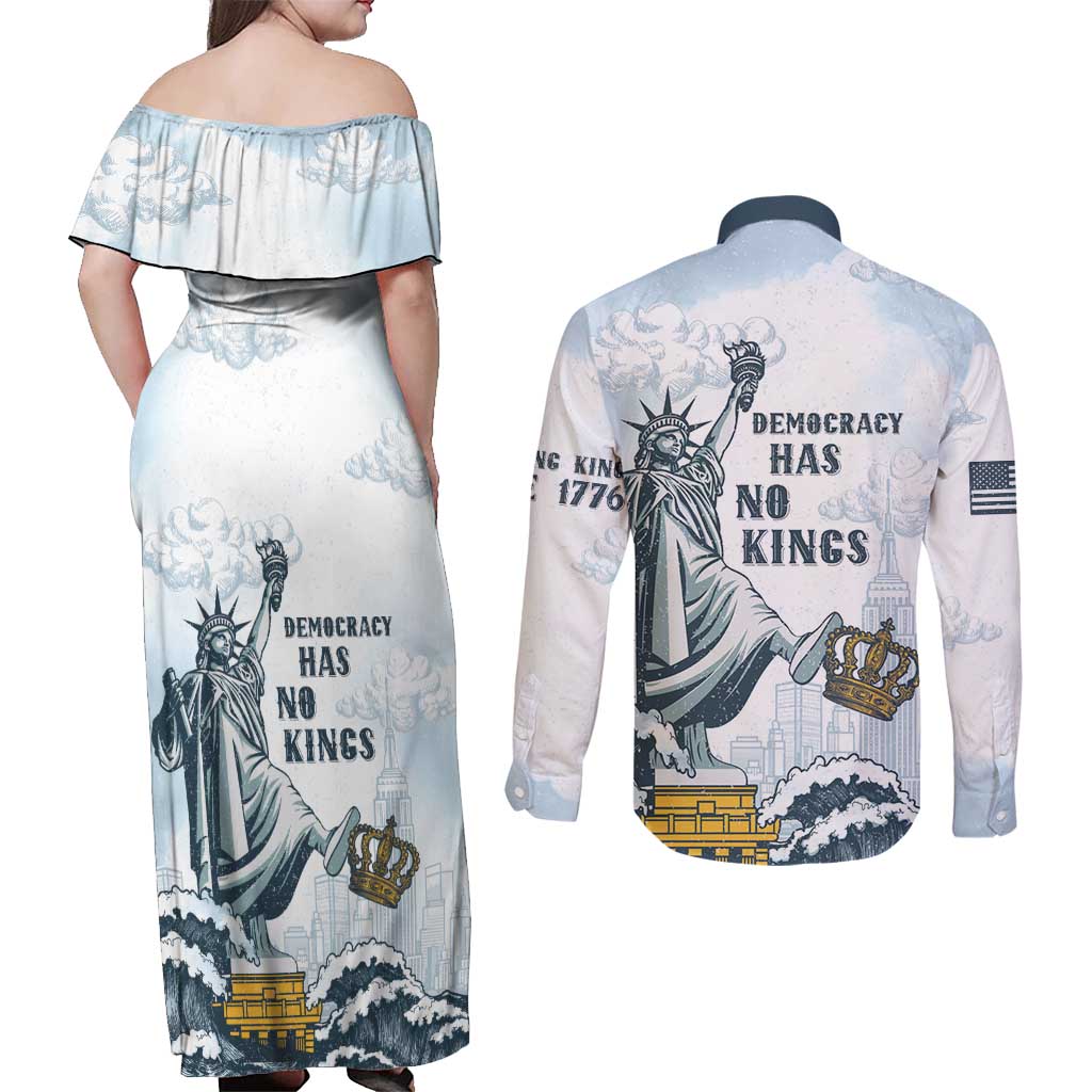 Funny Rejecting Kings Couples Matching Off Shoulder Maxi Dress and Long Sleeve Button Shirt Since 1776 No Kings In America Retro Style LT05